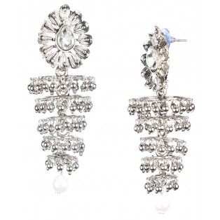 FAUX DIAMOND & PEARL Silver Oxidized Earrings Jhumka Jhumki Bali Imitation Indian Bollywood Ethnic Wedding Jewelry H30